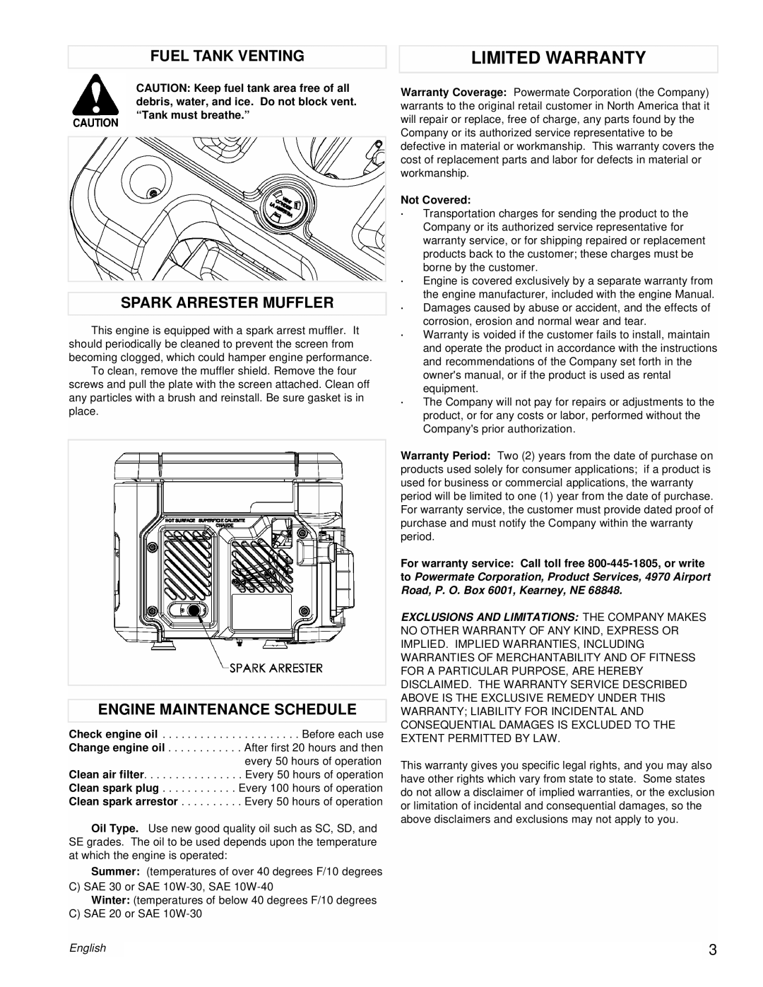 Powermate PM0431800.01 manual Fuel Tank Venting Spark Arrester Muffler, Engine Maintenance Schedule, Not Covered 