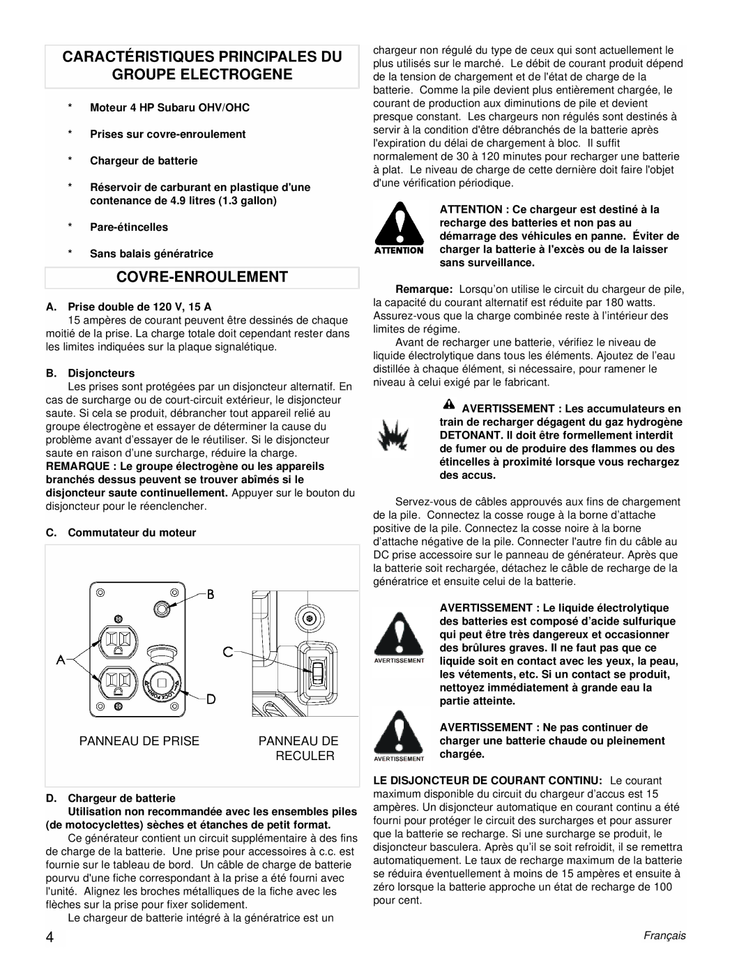 Powermate PM0431800.01 Caractéristiques Principales DU Groupe Electrogene, Covre-Enroulement, Panneau DE Prise Reculer 