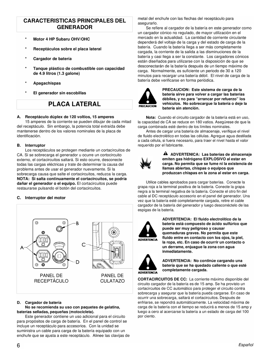 Powermate PM0431800.01 manual Caracteristicas Principales DEL Generador, Panel DE Receptáculo Culatazo, Interruptor 