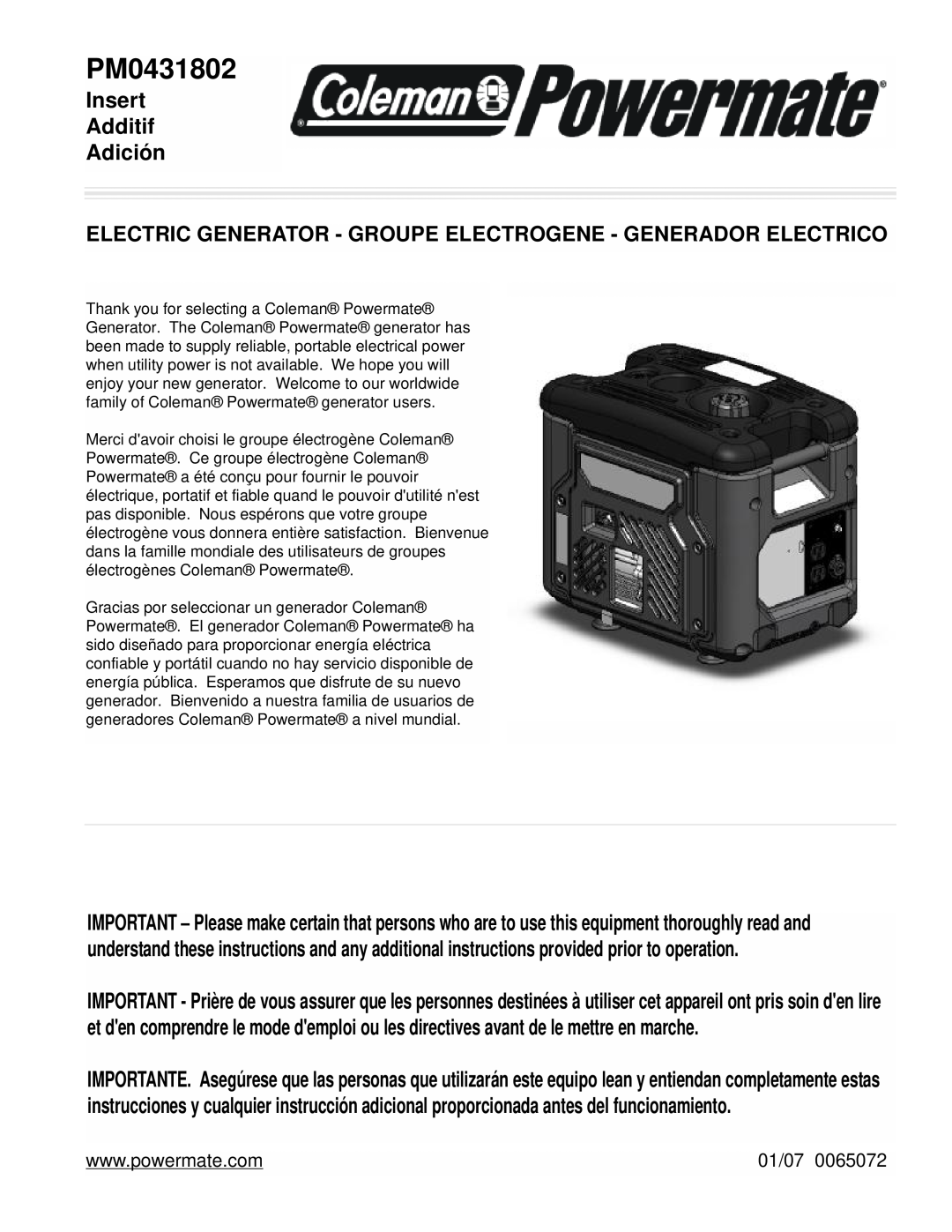 Powermate PM0431802 manual Insert Additif Adición, Electric Generator - Groupe Electrogene - Generador Electrico, 01/07 