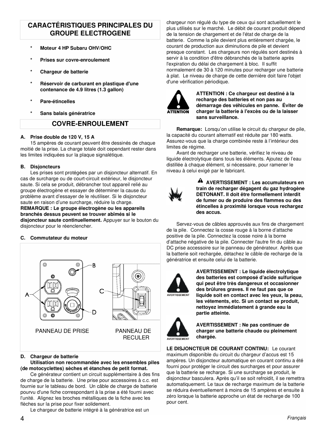 Powermate PM0431802 manual Caractéristiques Principales Du Groupe Electrogene, Covre-Enroulement, Panneau De Prise, Reculer 