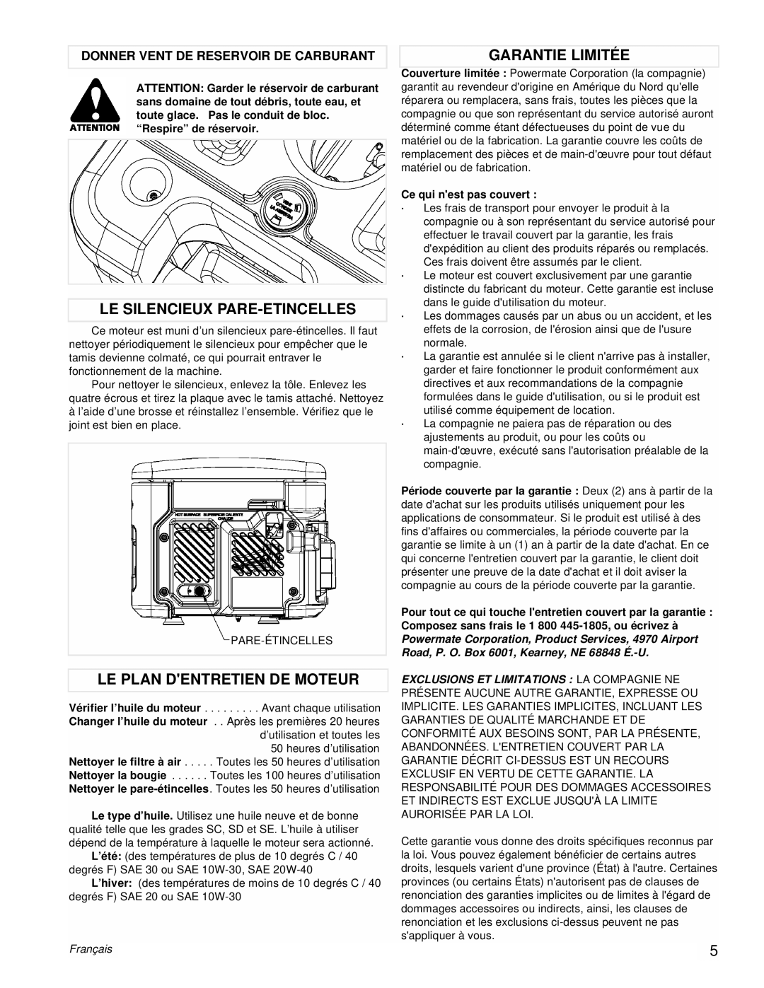 Powermate PM0431802 manual Le Silencieux Pare-Etincelles, Le Plan Dentretien De Moteur, Garantie Limitée, Français 