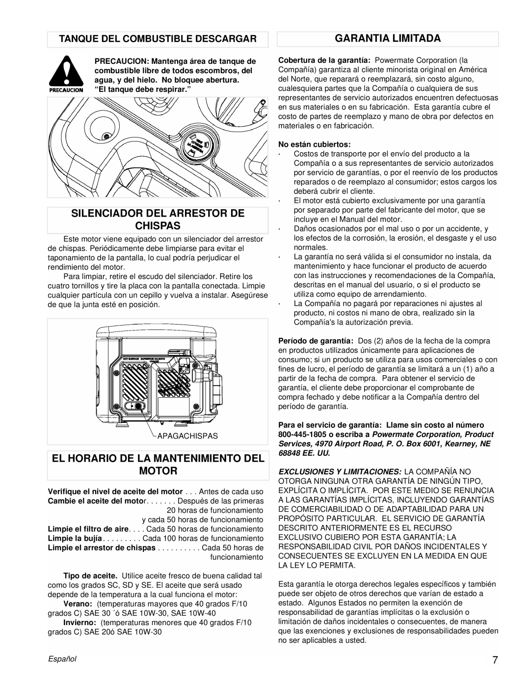 Powermate PM0431802 manual Silenciador Del Arrestor De Chispas, El Horario De La Mantenimiento Del Motor, Garantia Limitada 
