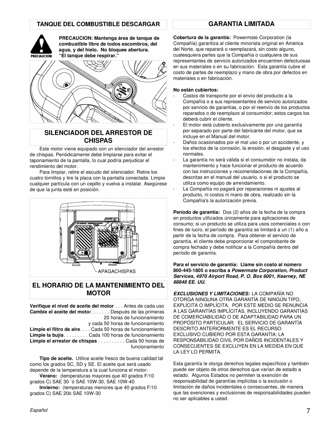 Powermate PM0431802 manual Silenciador DEL Arrestor DE Chispas, EL Horario DE LA Mantenimiento DEL Motor, Garantia Limitada 