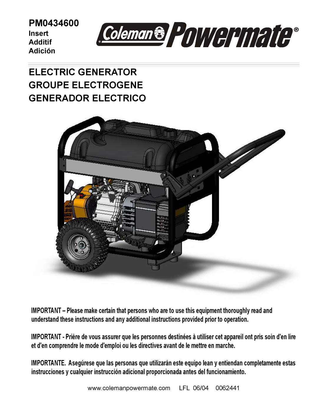 Powermate PM0434600 manual Electric Generator Groupe Electrogene, Generador Electrico, Insert Additif Adición 