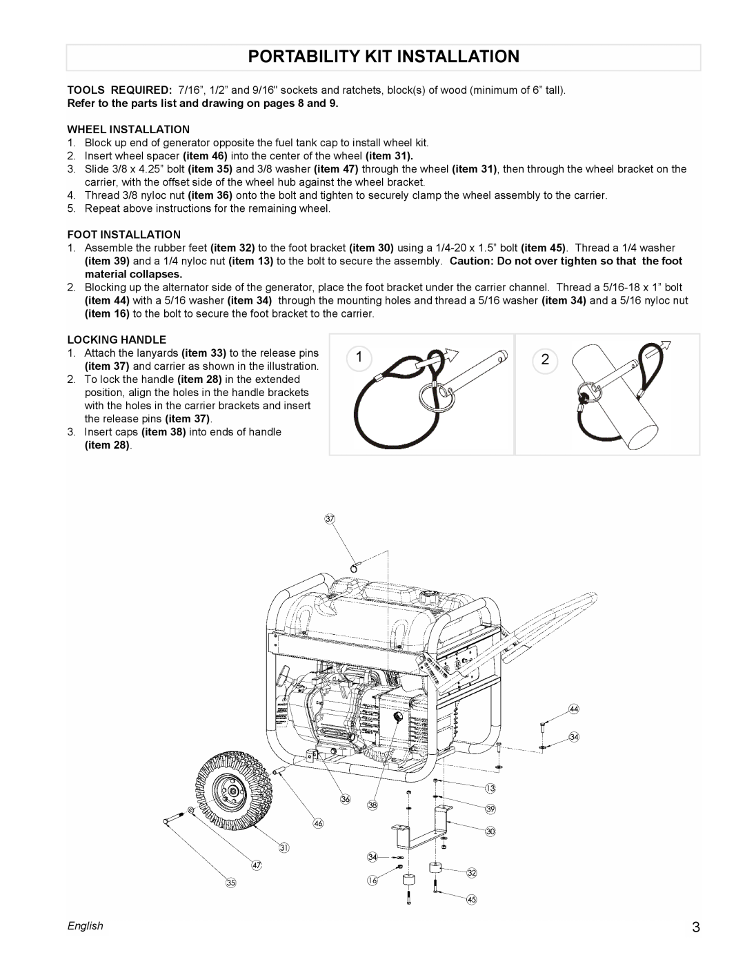 Powermate PM0434600 manual Portability Kit Installation, Wheel Installation, Foot Installation, Locking Handle, English 