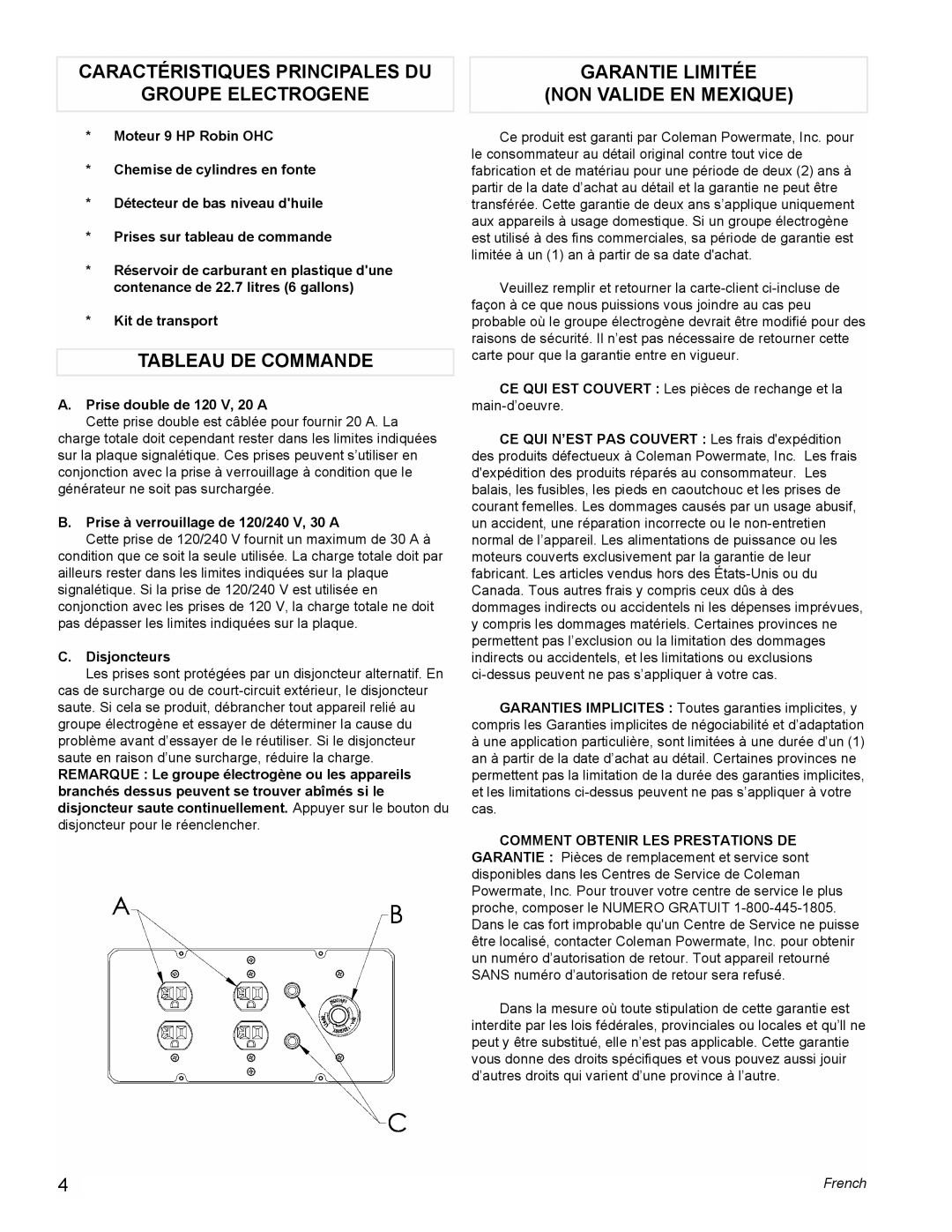 Powermate PM0434600 manual Caractéristiques Principales Du, Groupe Electrogene, Tableau De Commande, French 