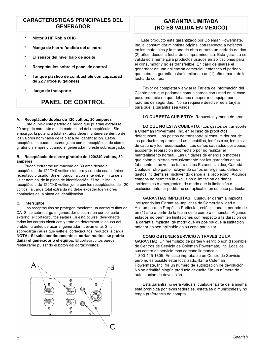 Powermate PM0434600 Panel De Control, Caracteristicas Principales Del Generador, Garantia Limitada No Es Valida En Mexico 