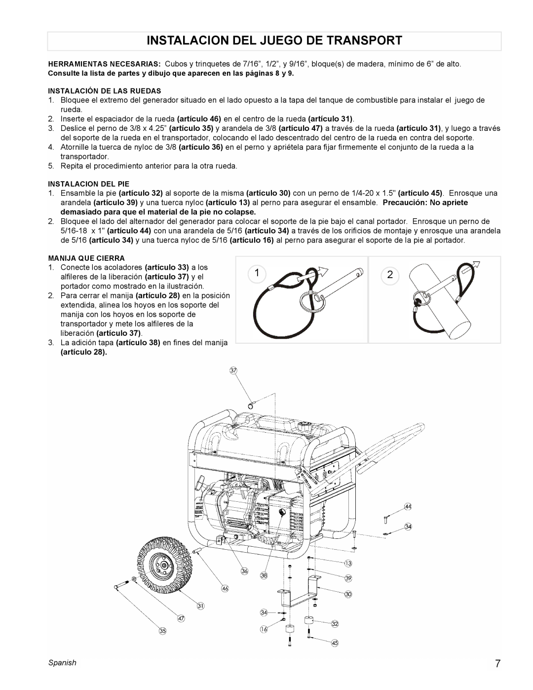 Powermate PM0434600 manual Instalacion Del Juego De Transport, artículo, Spanish 