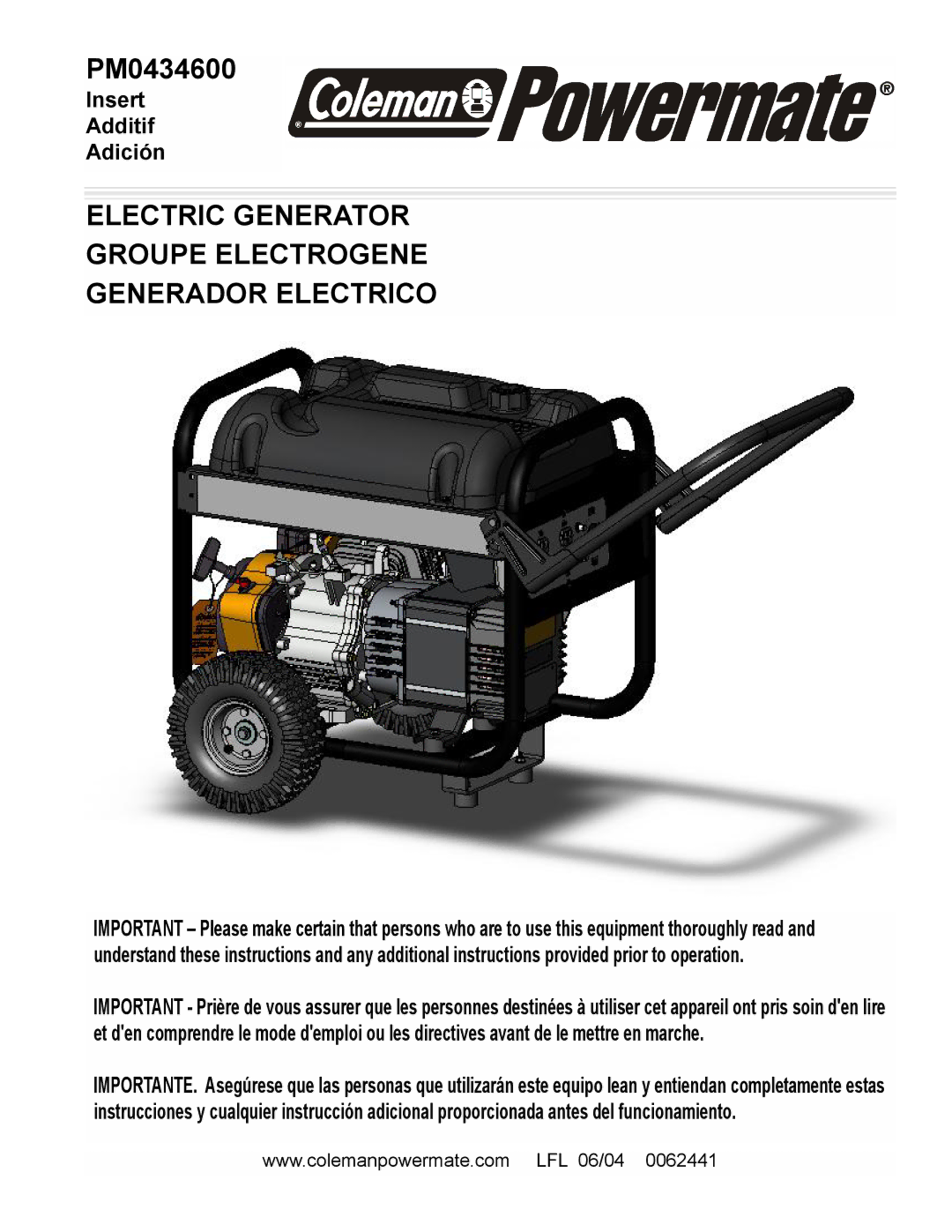 Powermate PM0434600 manual Electric Generator Groupe Electrogene Generador Electrico 