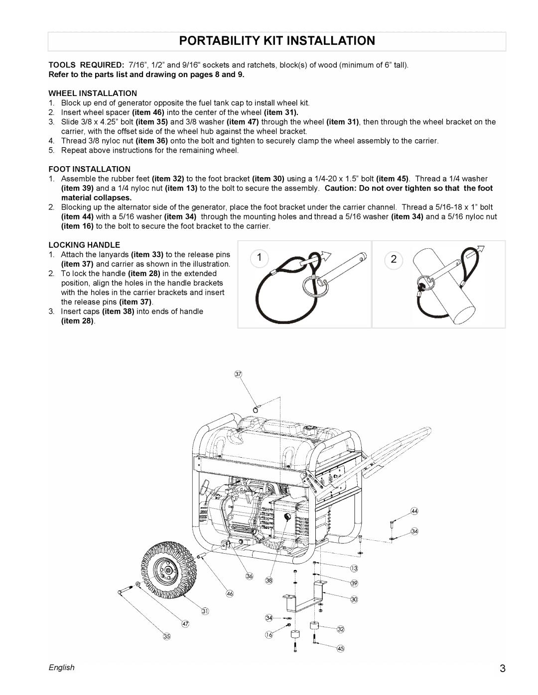 Powermate PM0434600 manual Portability KIT Installation, Refer to the parts list and drawing on pages 8, Wheel Installation 