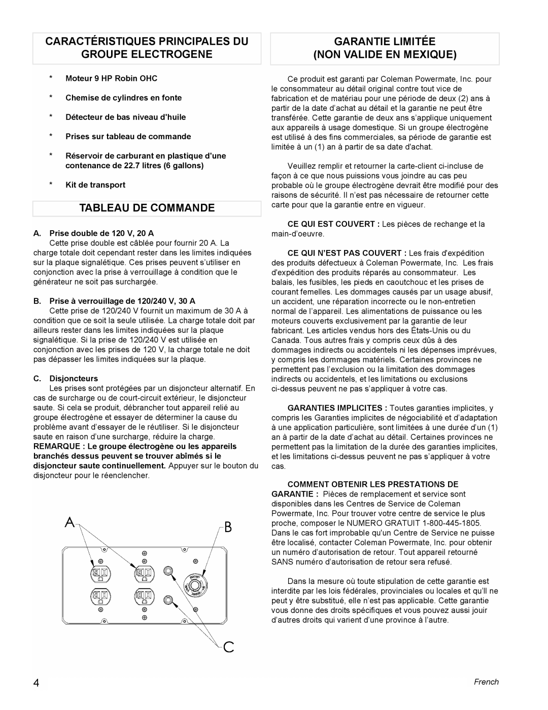 Powermate PM0434600 manual Caractéristiques Principales DU Groupe Electrogene, Tableau DE Commande 