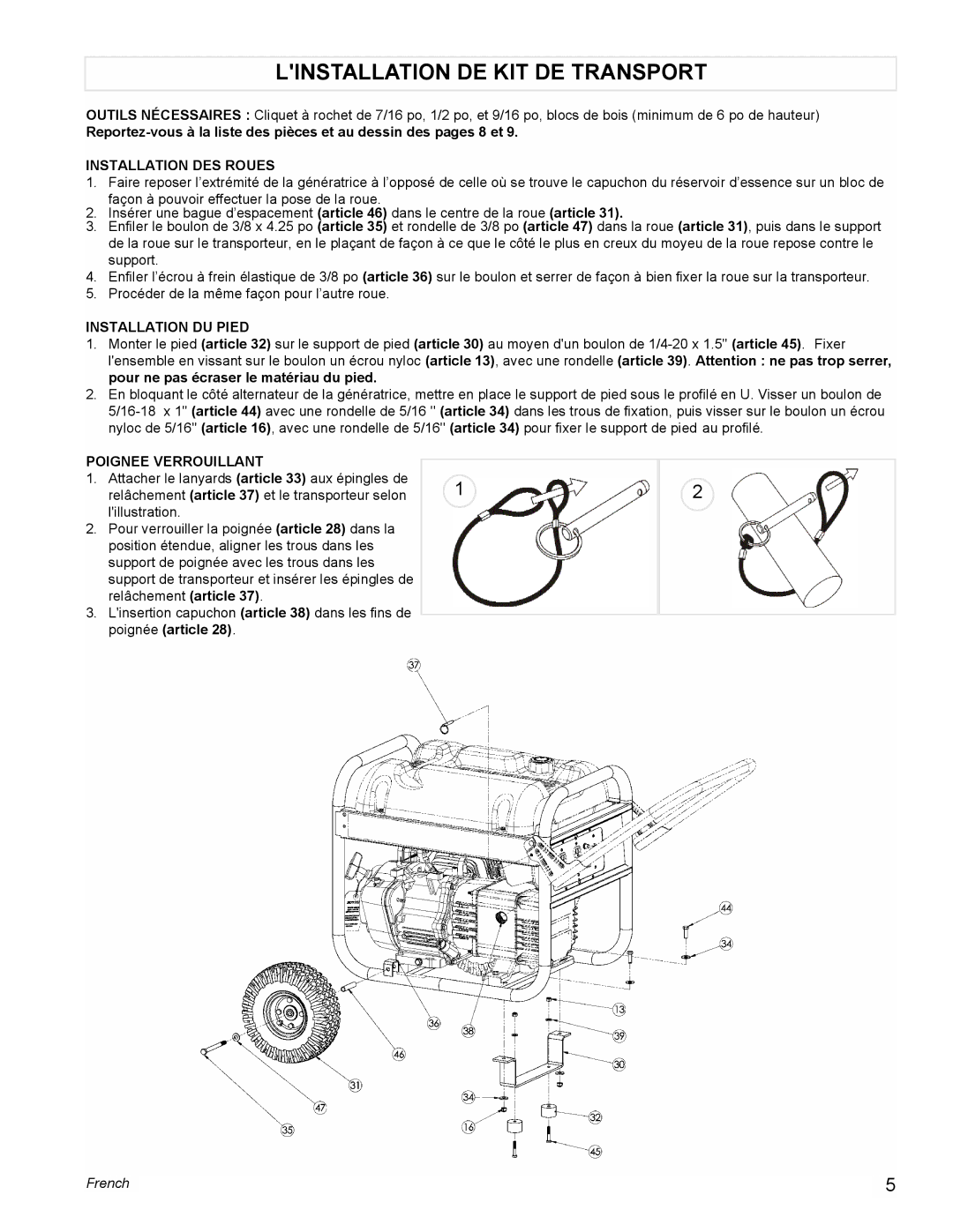 Powermate PM0434600 Linstallation DE KIT DE Transport, Installation DES Roues, Installation DU Pied, Poignee Verrouillant 