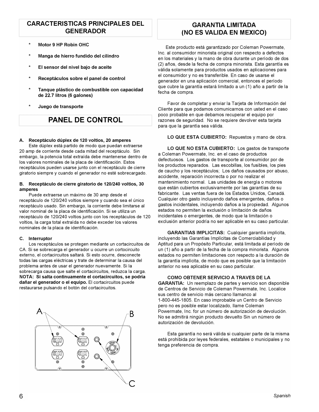 Powermate PM0434600 Panel DE Control, Caracteristicas Principales DEL Generador, Garantia Limitada No ES Valida EN Mexico 