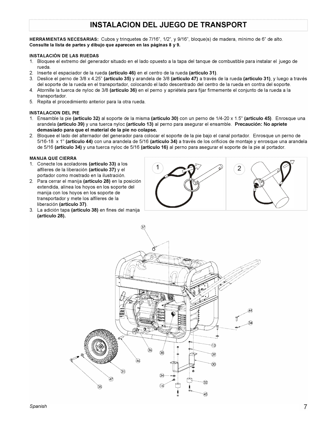 Powermate PM0434600 manual Instalacion DEL Juego DE Transport, Artículo 