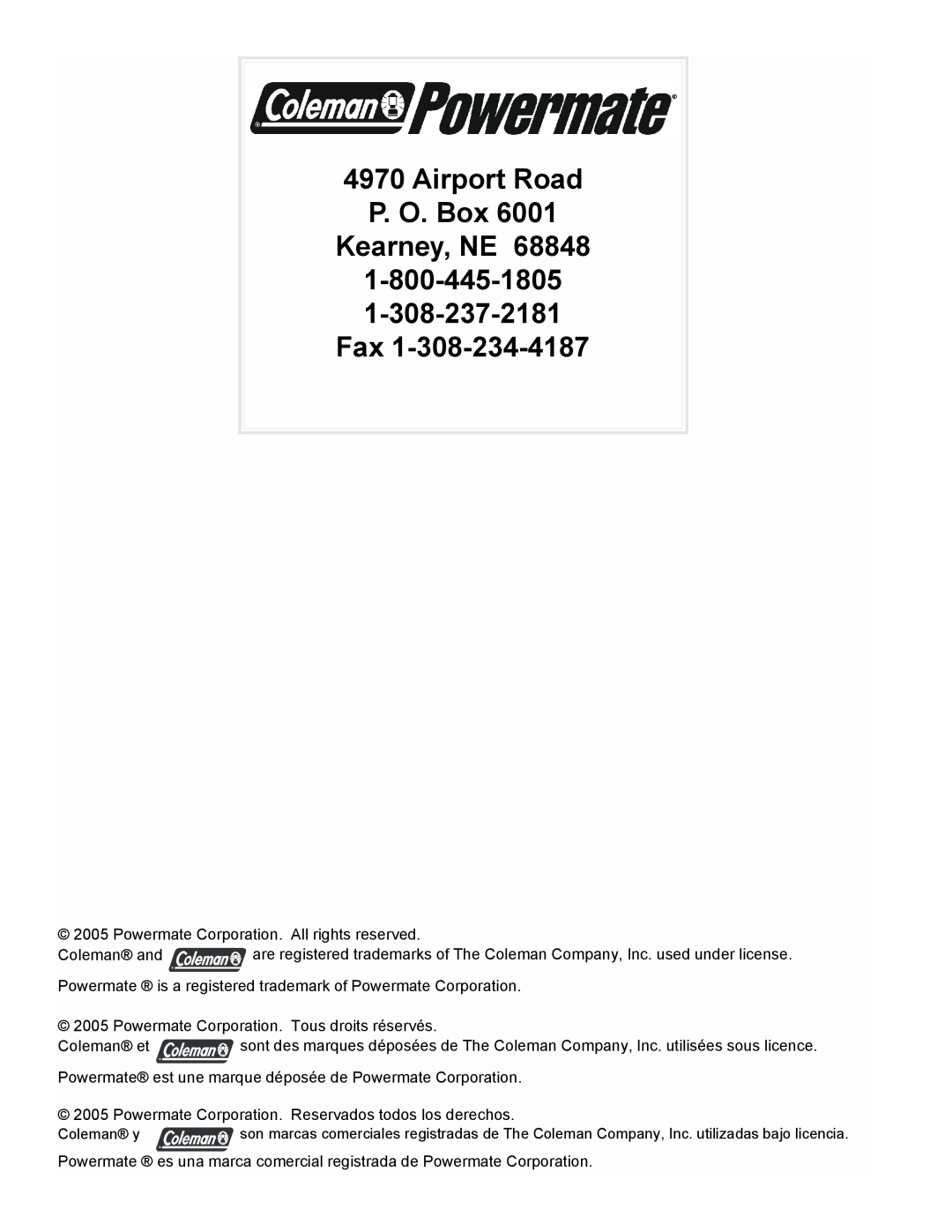 Powermate PM0435000 manual Airport Road P. O. Box Kearney, NE 