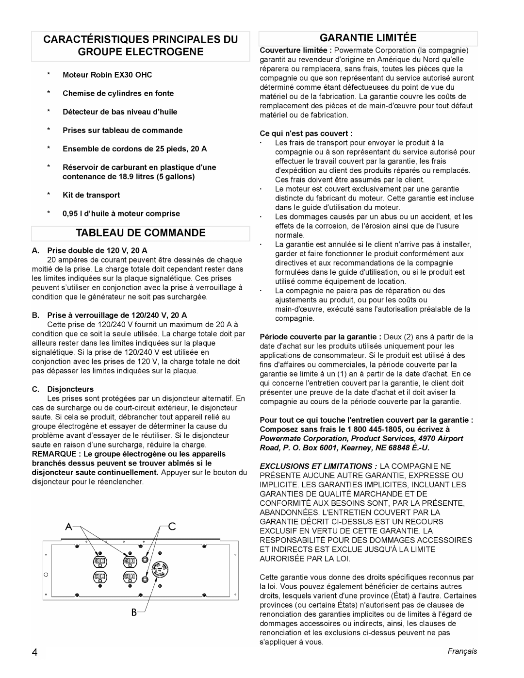 Powermate PM0435000 Caractéristiques Principales Du, Groupe Electrogene, Tableau De Commande, Garantie Limitée, Français 