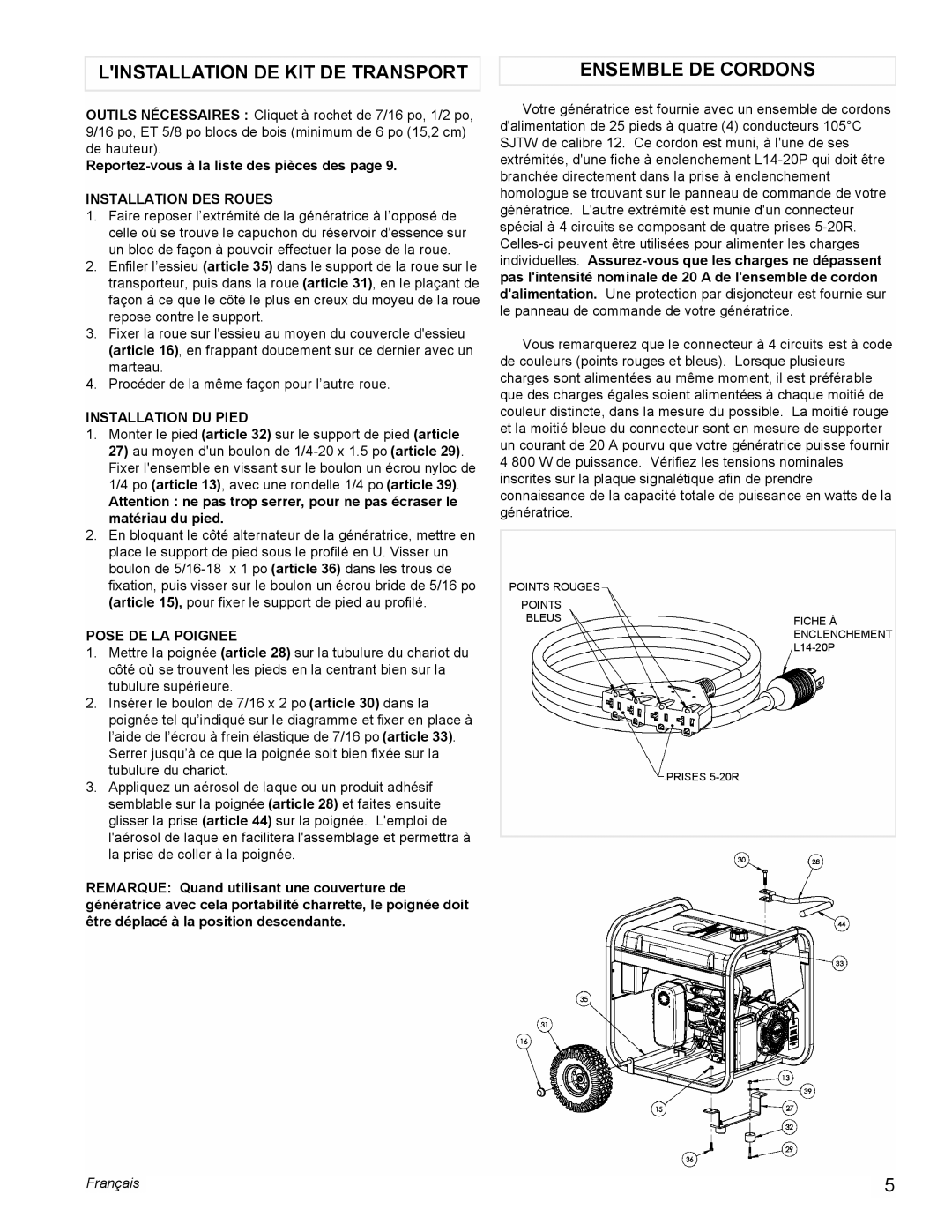Powermate PM0435000 Linstallation De Kit De Transport, Ensemble De Cordons, Reportez-vousà la liste des pièces des page 