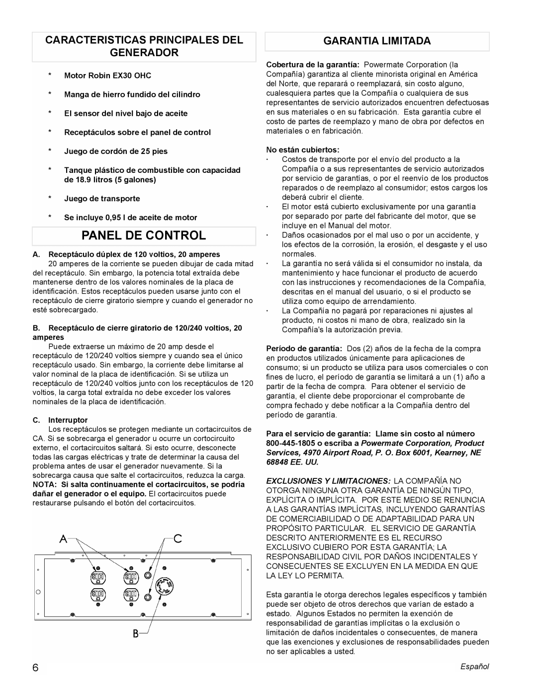 Powermate PM0435000 manual Panel De Control, Caracteristicas Principales Del Generador, Garantia Limitada 