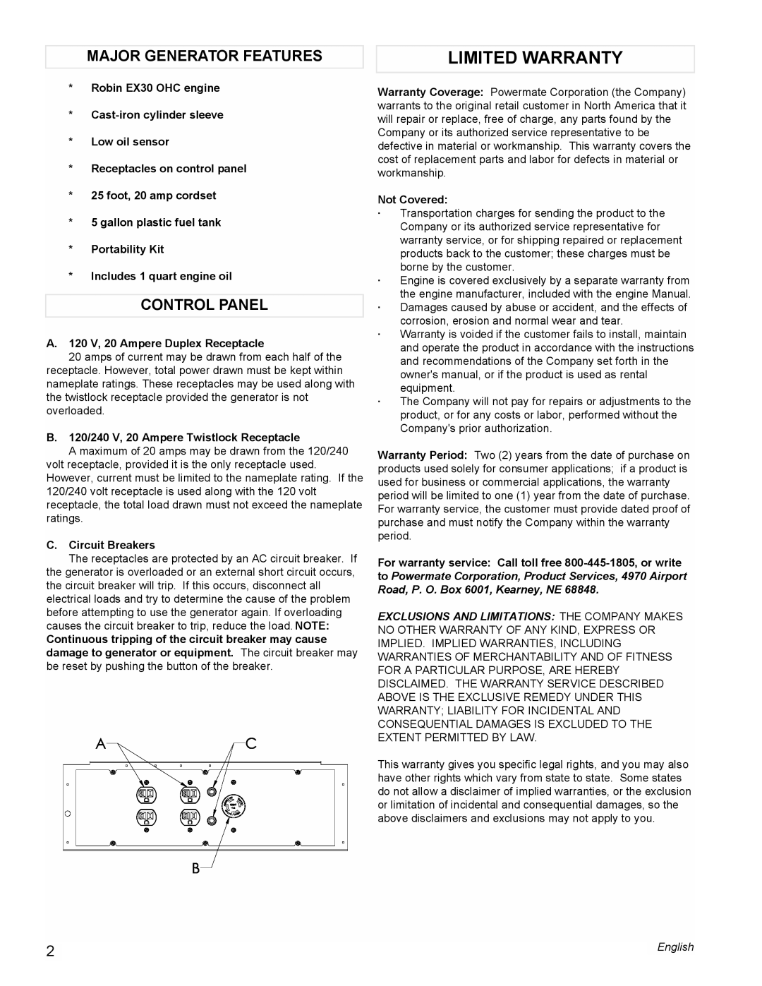 Powermate PM0435000 manual Limited Warranty, Major Generator Features, Control Panel 