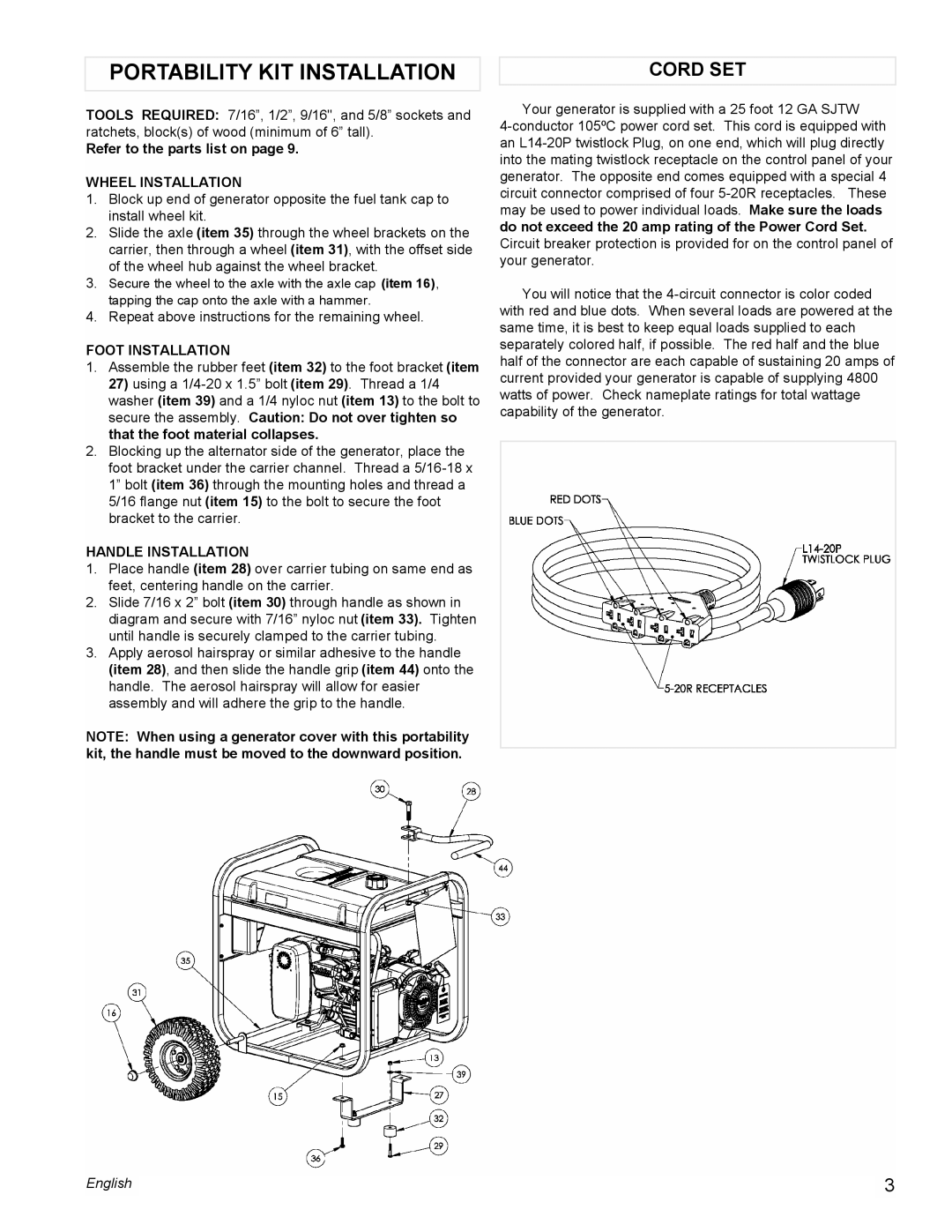 Powermate PM0435000 Portability KIT Installation, Cord SET, Wheel Installation, Foot Installation, Handle Installation 