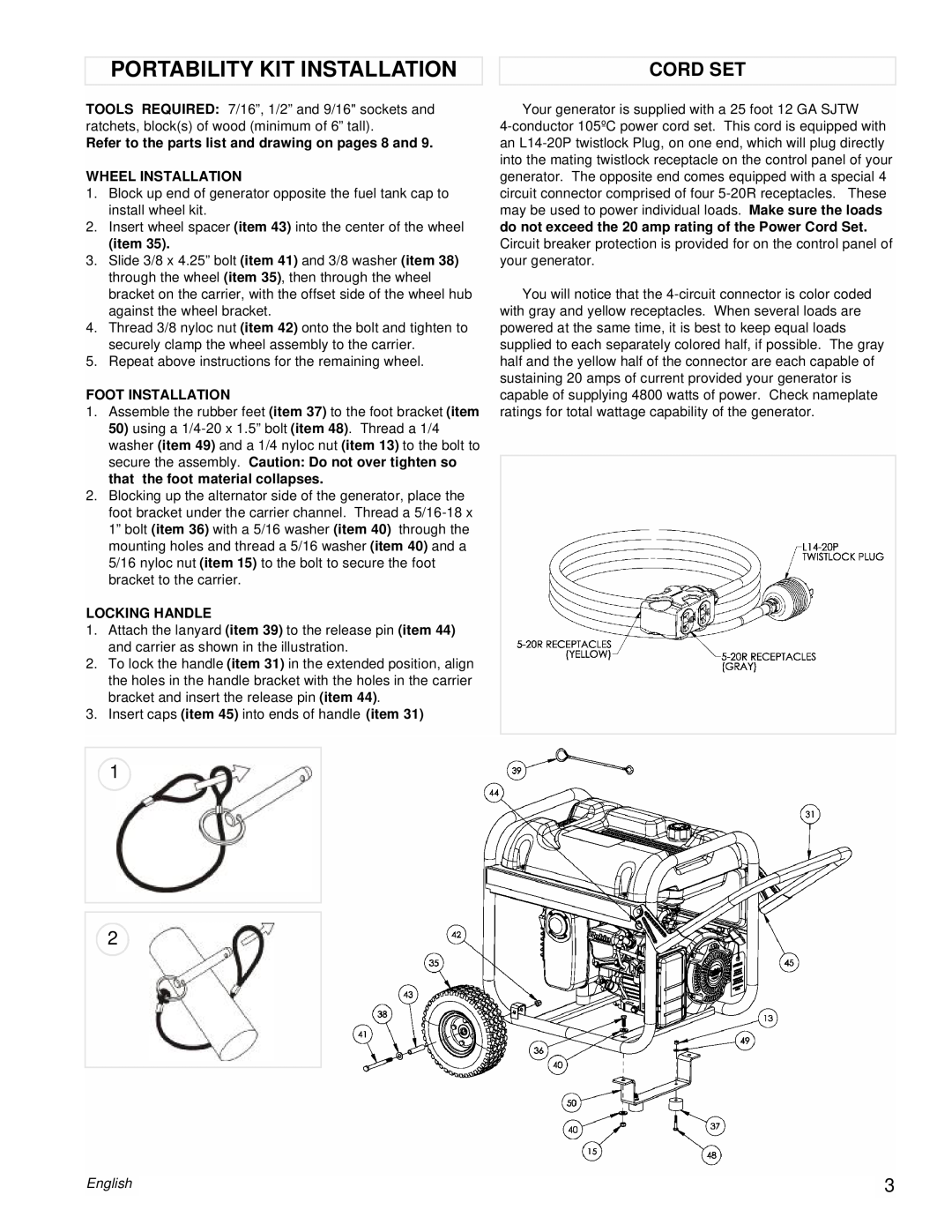 Powermate PM0435001 manual Portability Kit Installation, Cord Set, English 