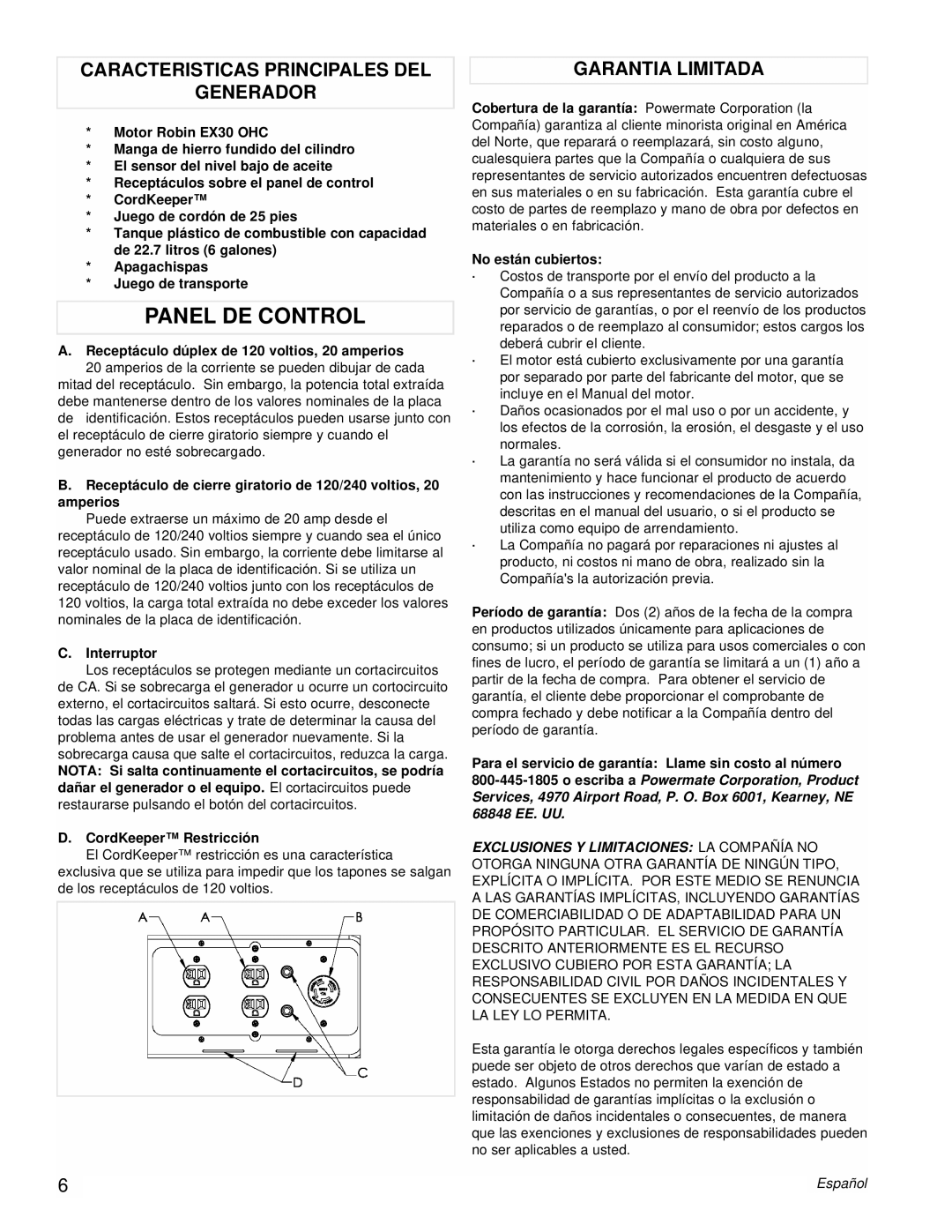 Powermate PM0435001 manual Panel De Control, Caracteristicas Principales Del Generador, Garantia Limitada 