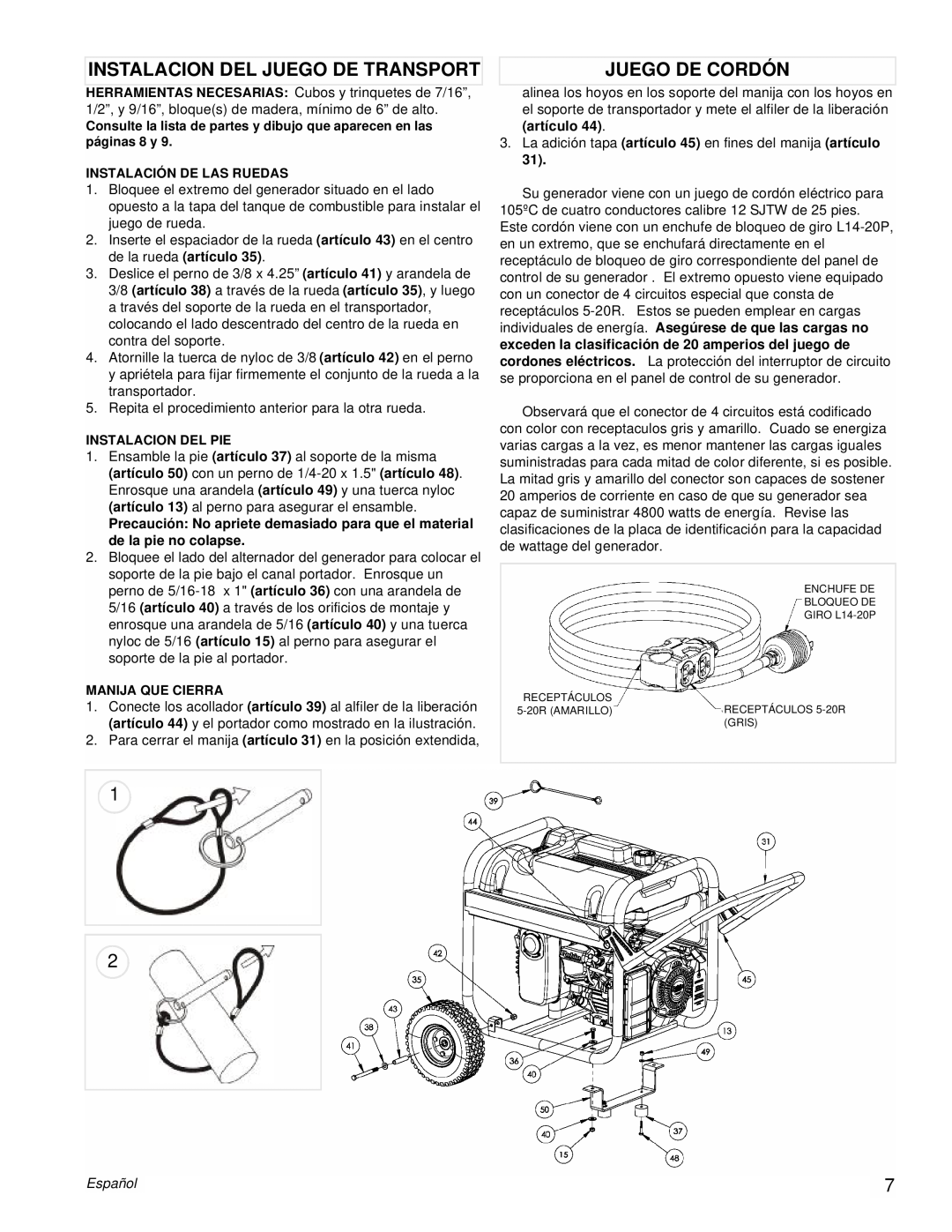Powermate PM0435001 manual Instalacion Del Juego De Transport, Juego De Cordón, Español 