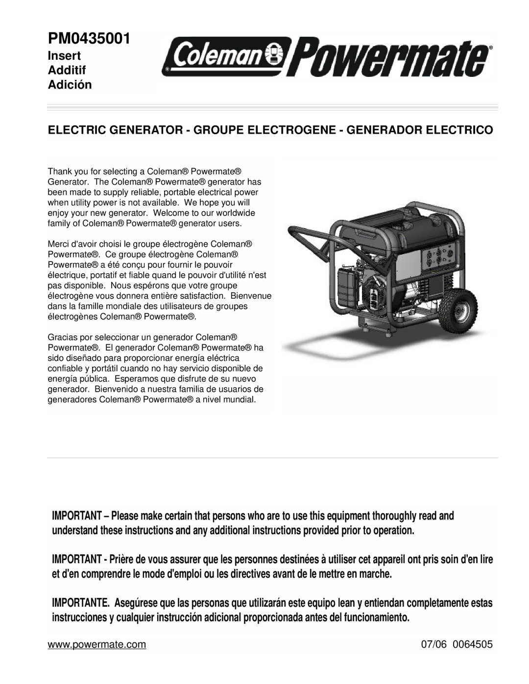 Powermate PM0435001 manual 