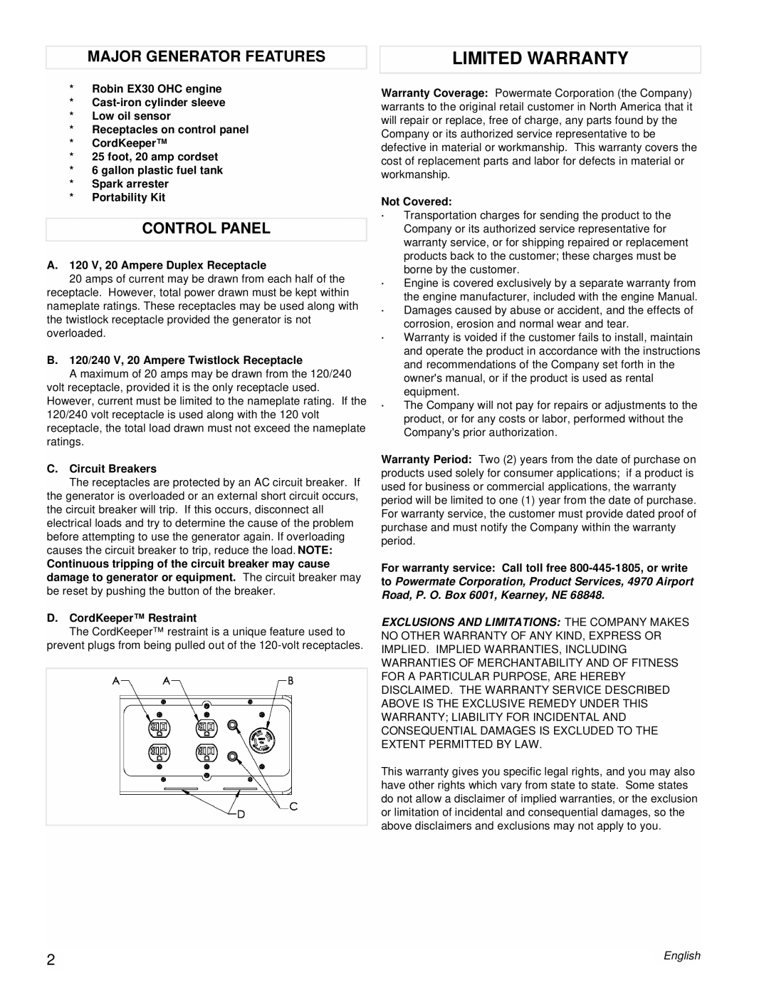 Powermate PM0435001 manual Limited Warranty, Major Generator Features, Control Panel 