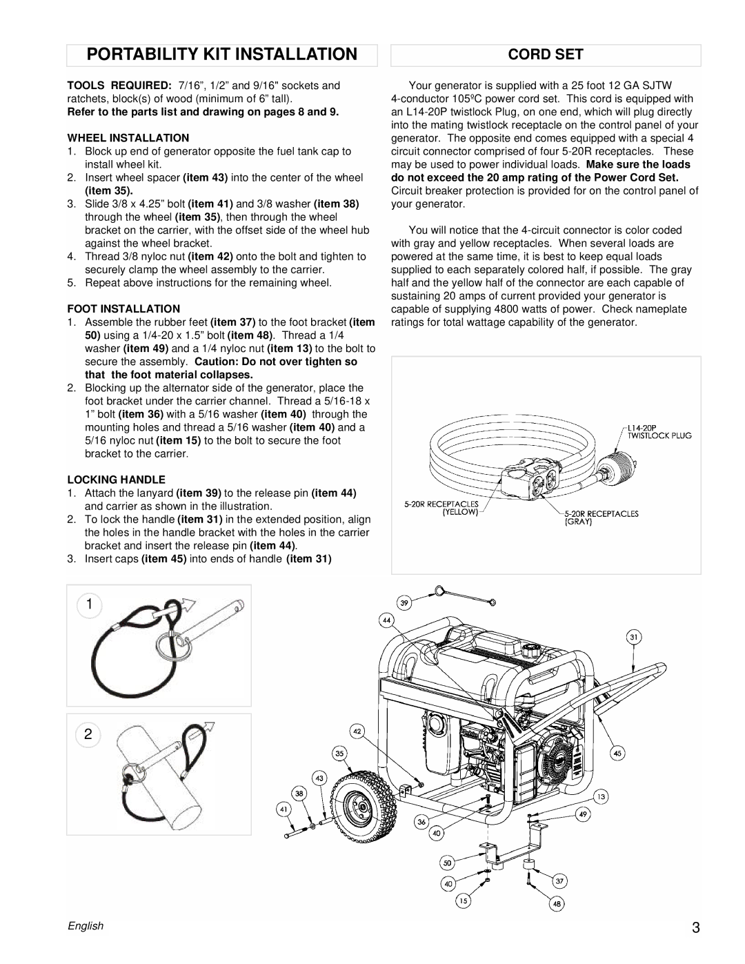 Powermate PM0435001 manual Portability KIT Installation, Cord SET, Wheel Installation, Foot Installation, Locking Handle 