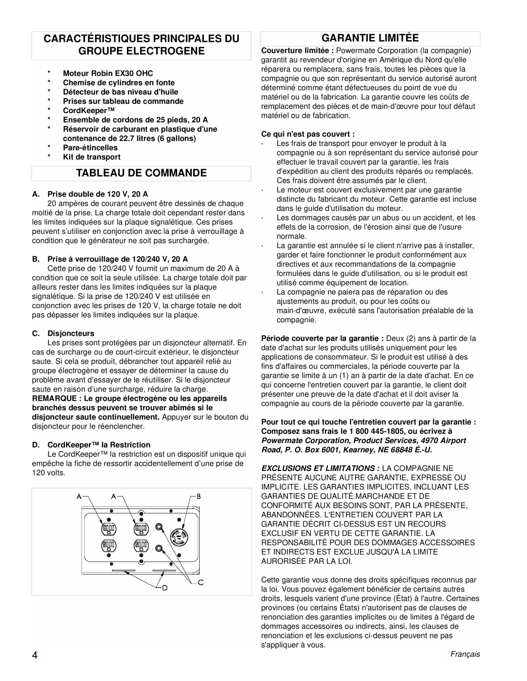 Powermate PM0435001 manual Caractéristiques Principales DU Groupe Electrogene, Tableau DE Commande, Garantie Limitée 