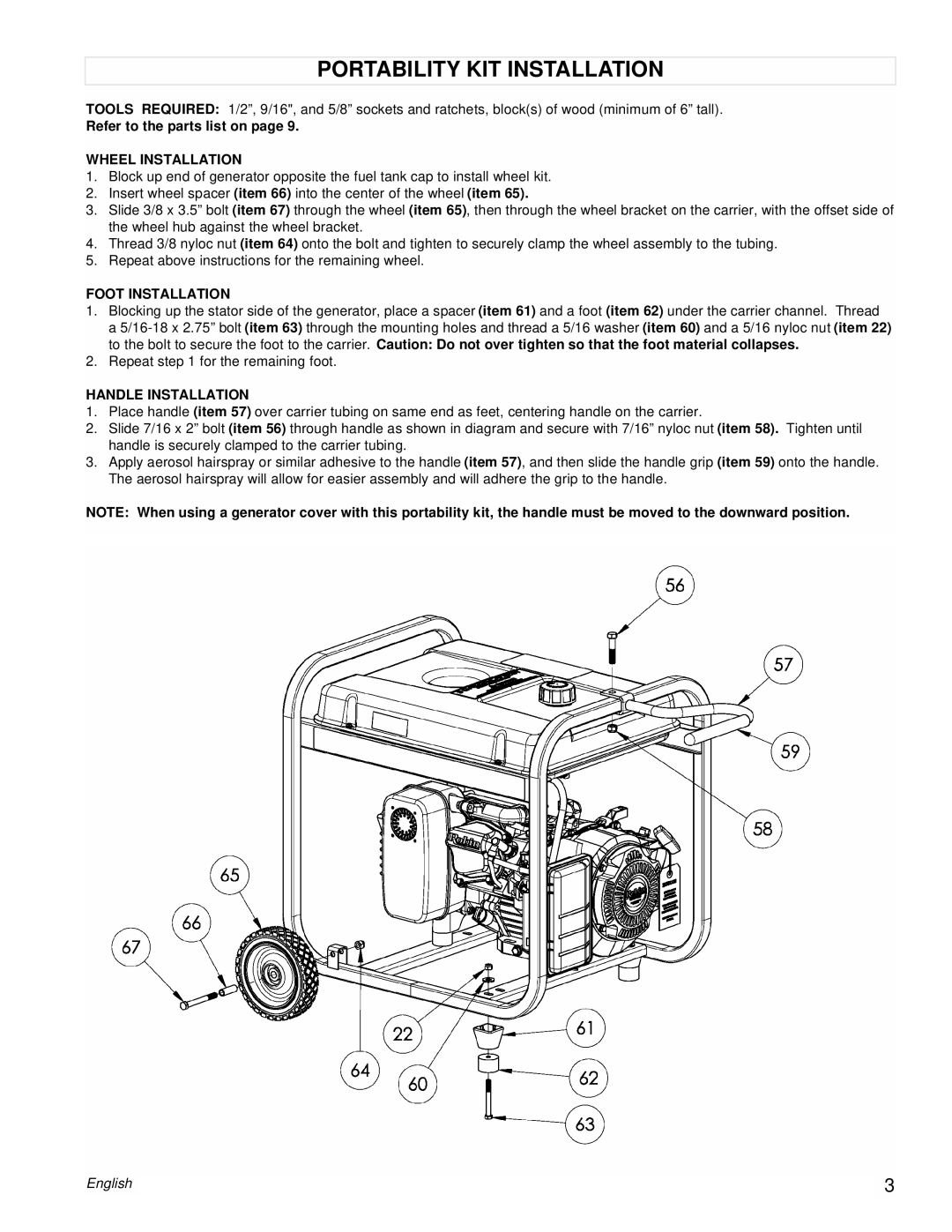 Powermate PM0435002 Portability Kit Installation, Refer to the parts list on page, Wheel Installation, Foot Installation 