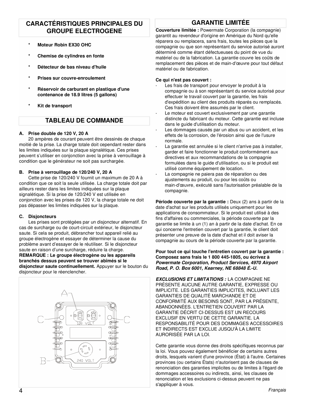 Powermate PM0435002 Caractéristiques Principales Du, Groupe Electrogene, Tableau De Commande, Garantie Limitée, Français 