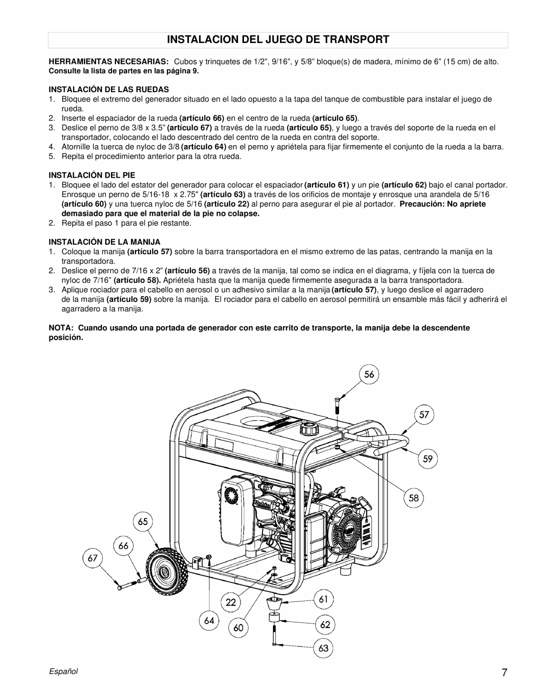 Powermate PM0435002 manual Instalacion Del Juego De Transport, Instalación De Las Ruedas, Instalación Del Pie, Español 