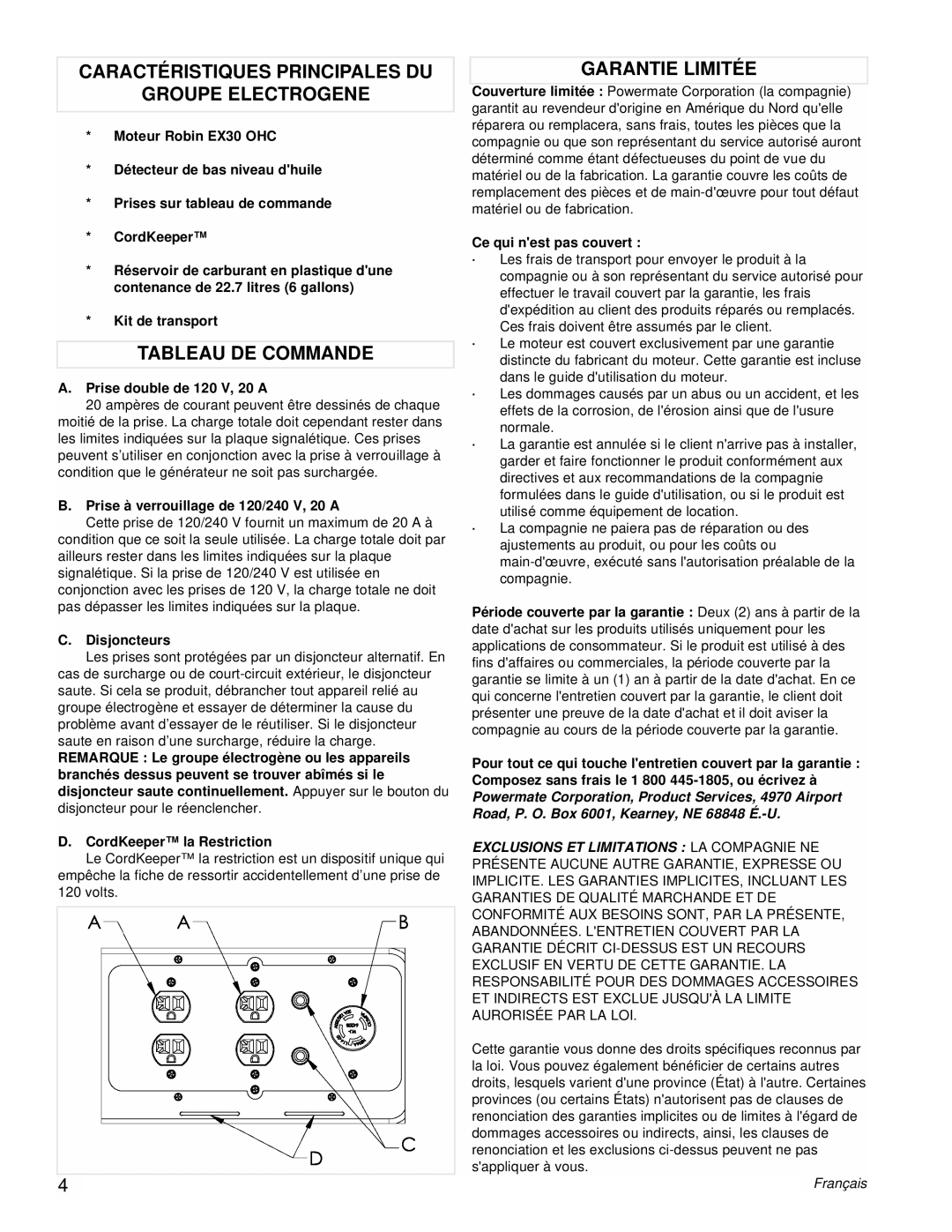 Powermate PM0435003 Caractéristiques Principales Du, Groupe Electrogene, Tableau De Commande, Garantie Limitée, Français 