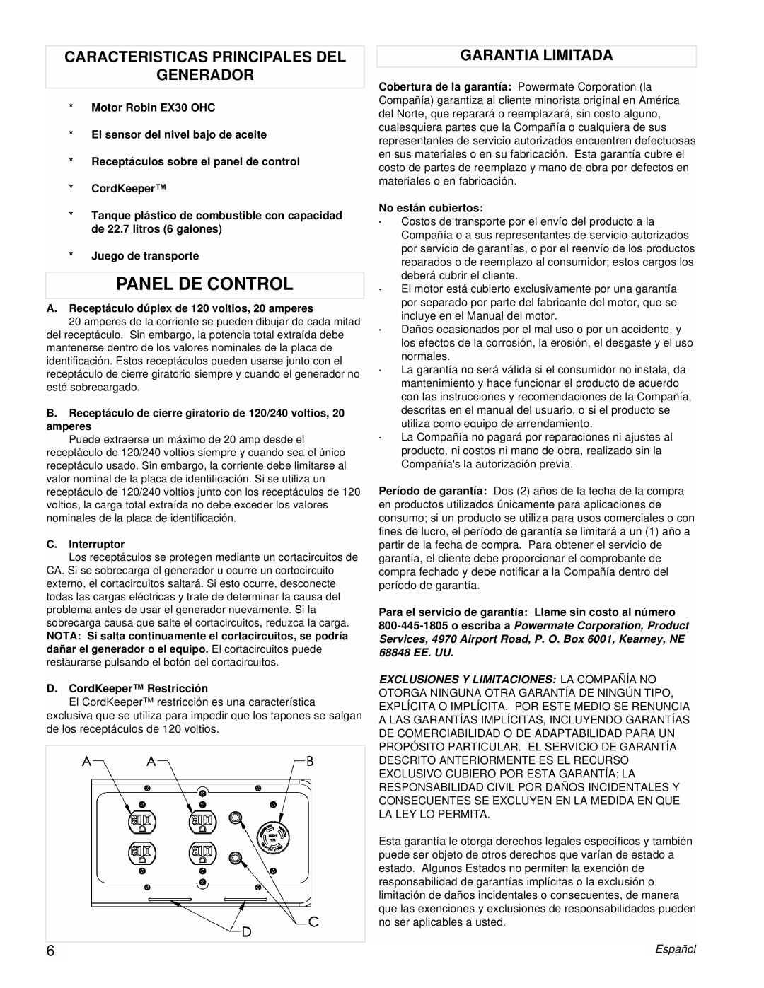 Powermate PM0435003 manual Panel De Control, Caracteristicas Principales Del Generador, Garantia Limitada 