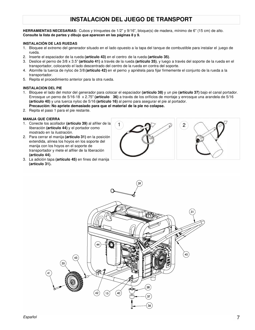 Powermate PM0435003 manual Instalacion Del Juego De Transport, artículo, Español 