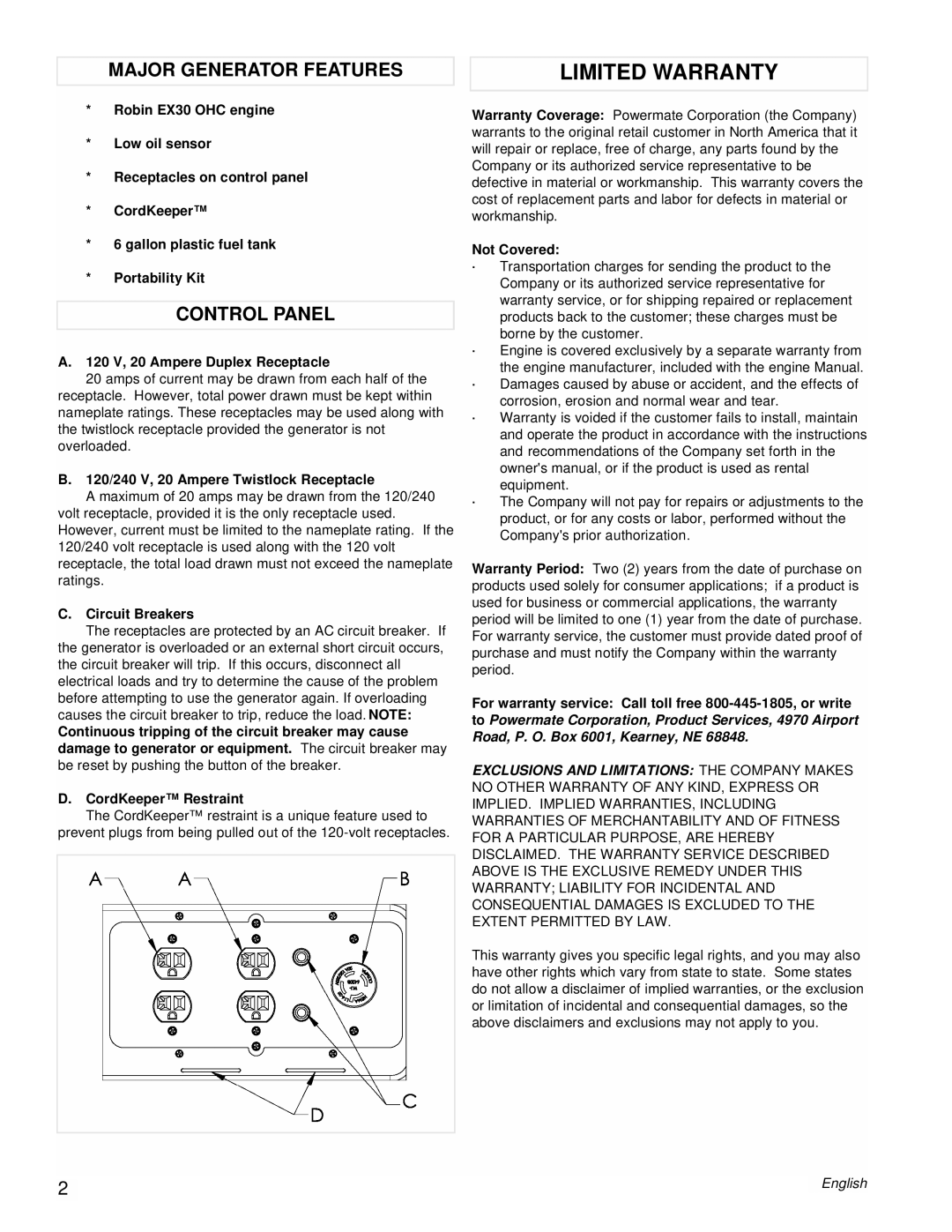 Powermate PM0435003 manual Limited Warranty, Major Generator Features, Control Panel 