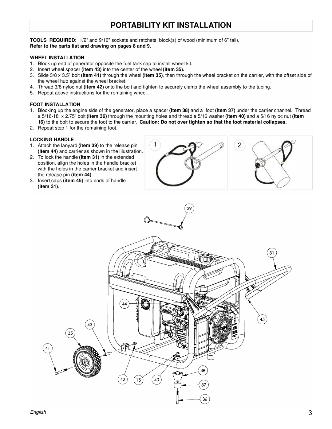 Powermate PM0435003 manual Portability KIT Installation, Refer to the parts list and drawing on pages 8, Wheel Installation 