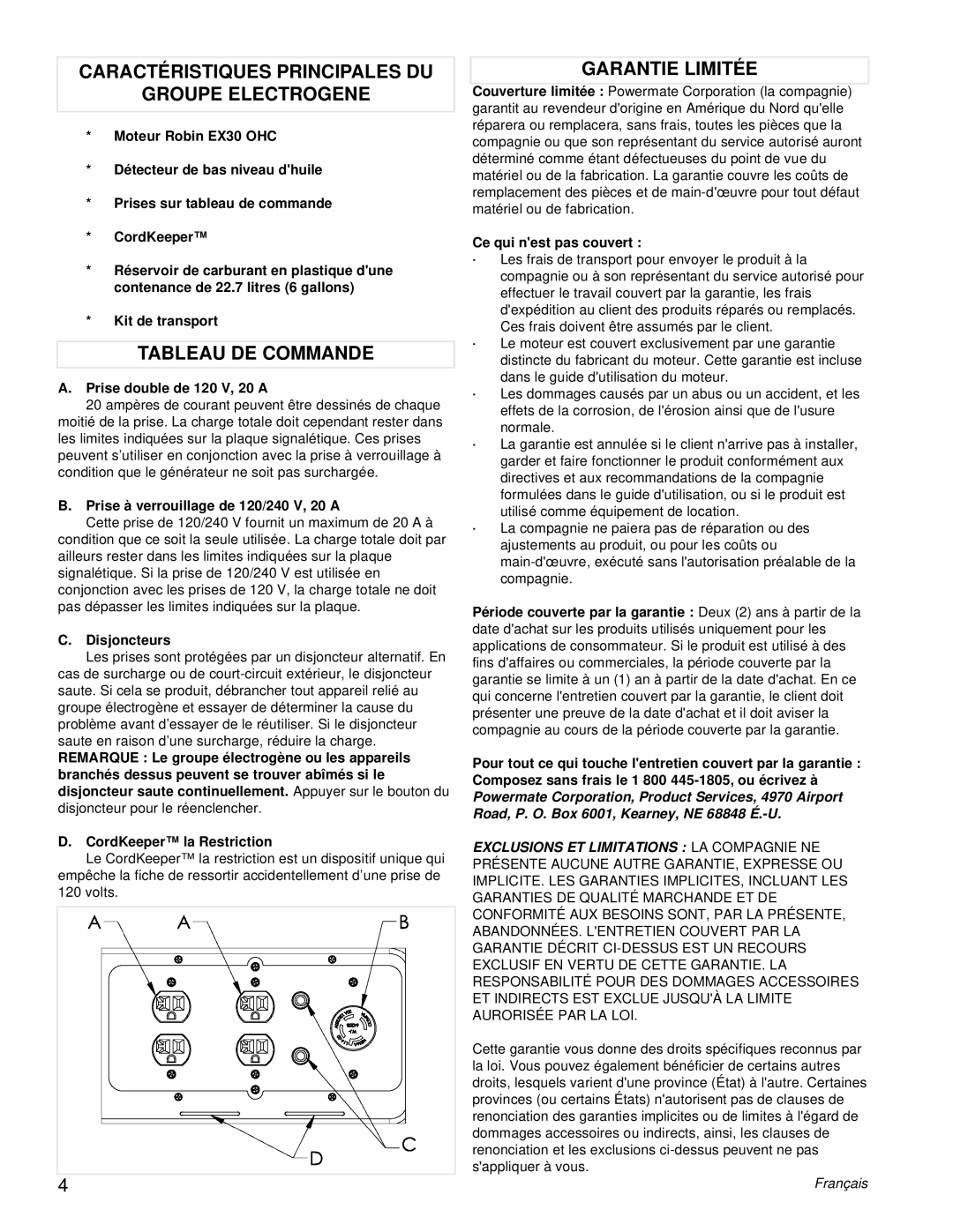 Powermate PM0435003 manual Caractéristiques Principales DU Groupe Electrogene, Tableau DE Commande, Garantie Limitée 