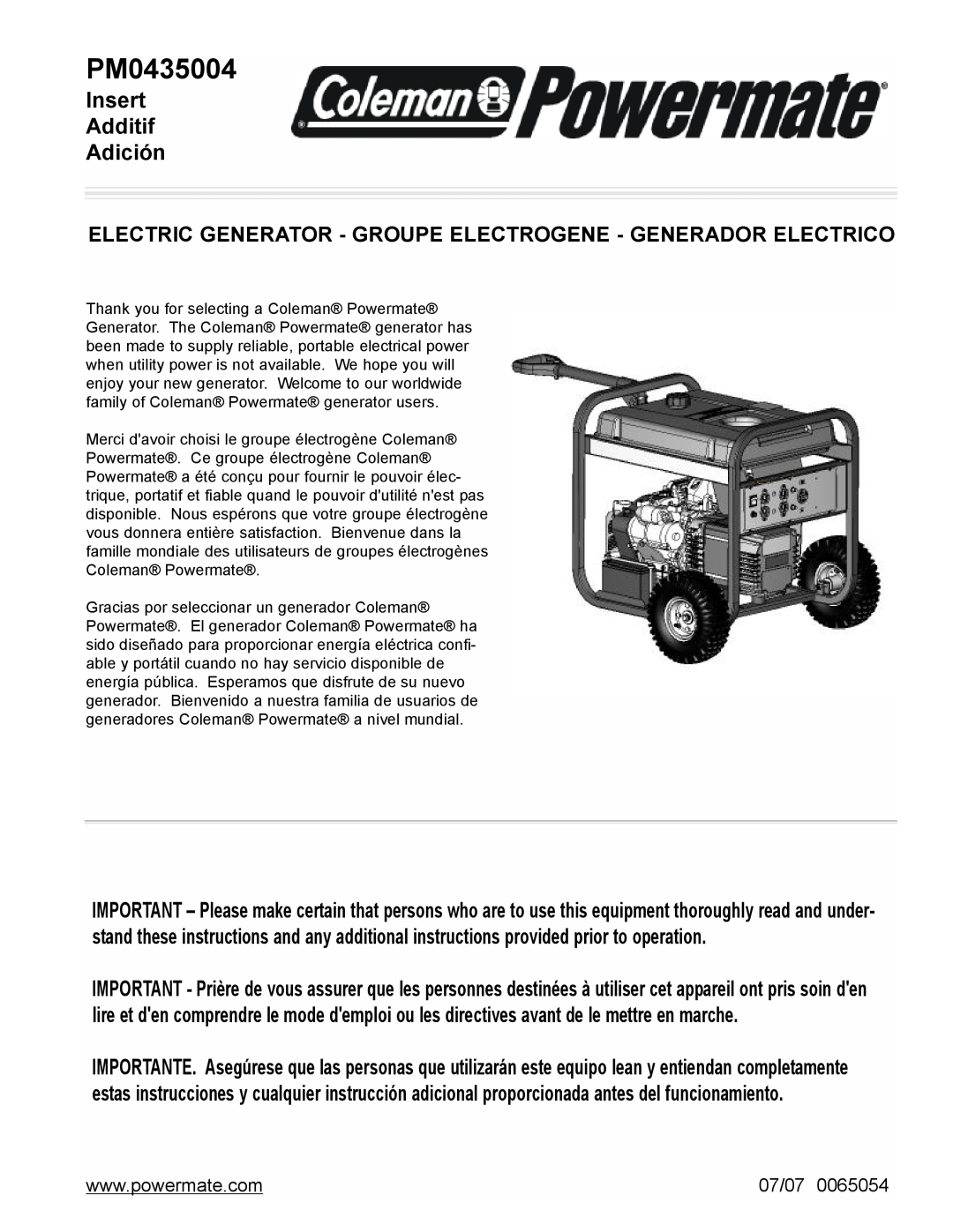 Powermate PM0435004 manual Insert Additif Adición, Electric Generator - Groupe Electrogene - Generador Electrico, 07/07 