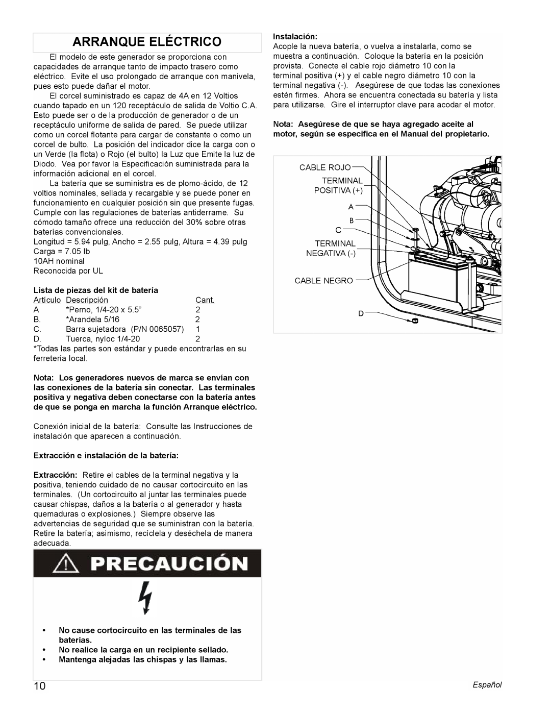 Powermate PM0435004 manual Arranque Eléctrico, Lista de piezas del kit de batería, Extracción e instalación de la batería 