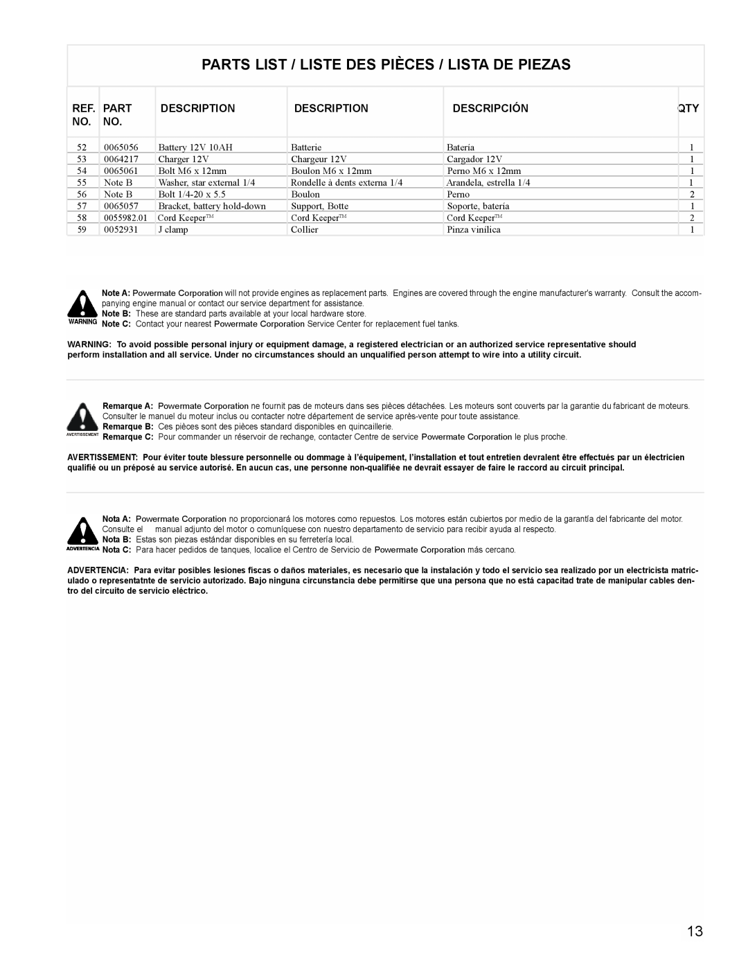 Powermate PM0435004 manual Parts List / Liste Des Pièces / Lista De Piezas, Description, Descripción 