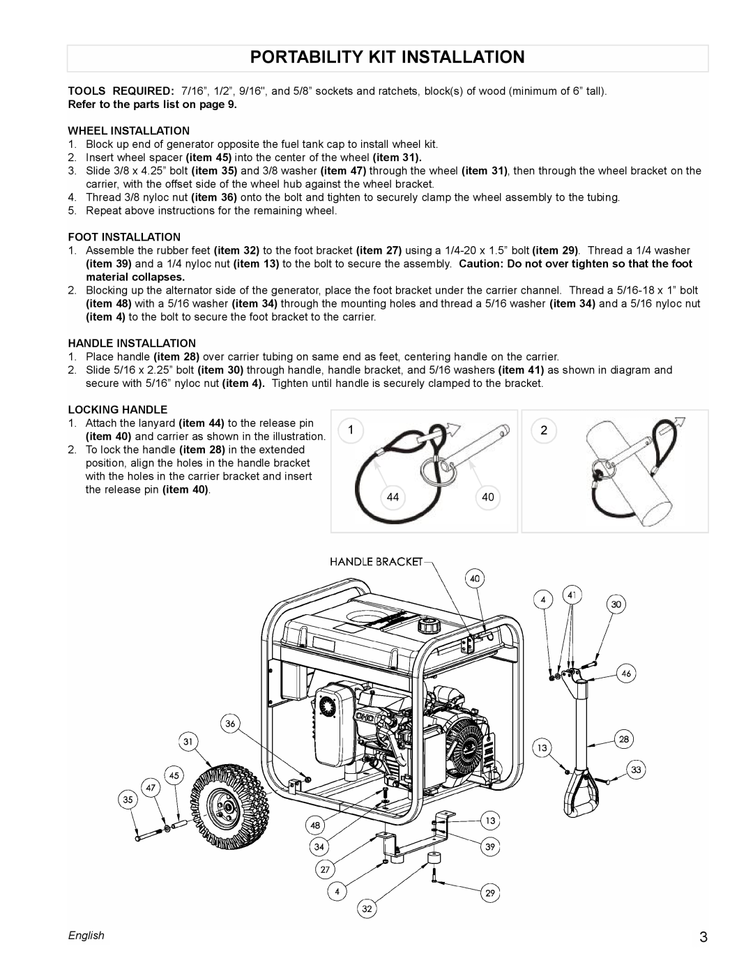 Powermate PM0435004 Portability Kit Installation, Refer to the parts list on page WHEEL INSTALLATION, Foot Installation 