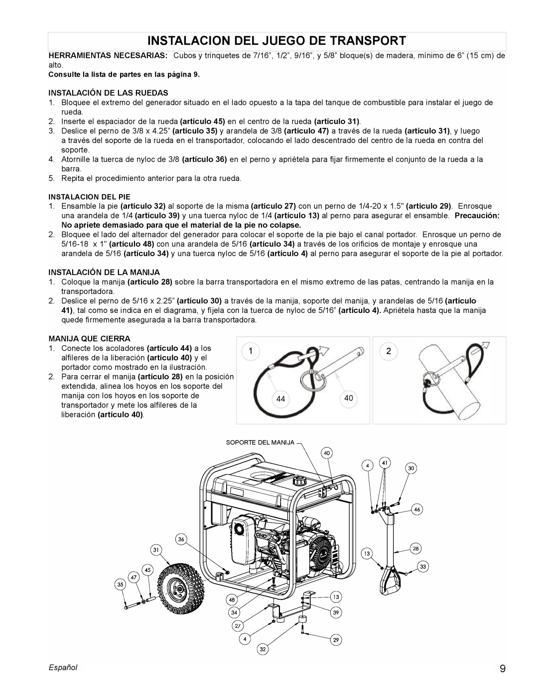 Powermate PM0435004 manual Instalacion Del Juego De Transport, Instalación De Las Ruedas, Instalación De La Manija, Español 