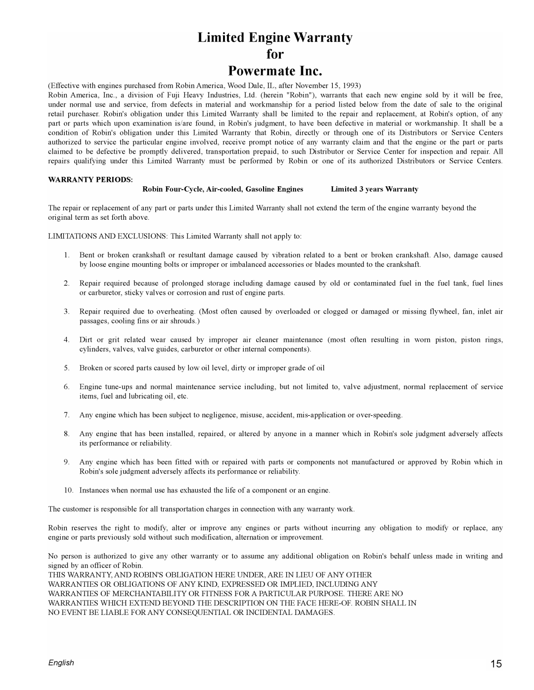 Powermate PM0435004 manual Limited Engine Warranty For Powermate Inc 