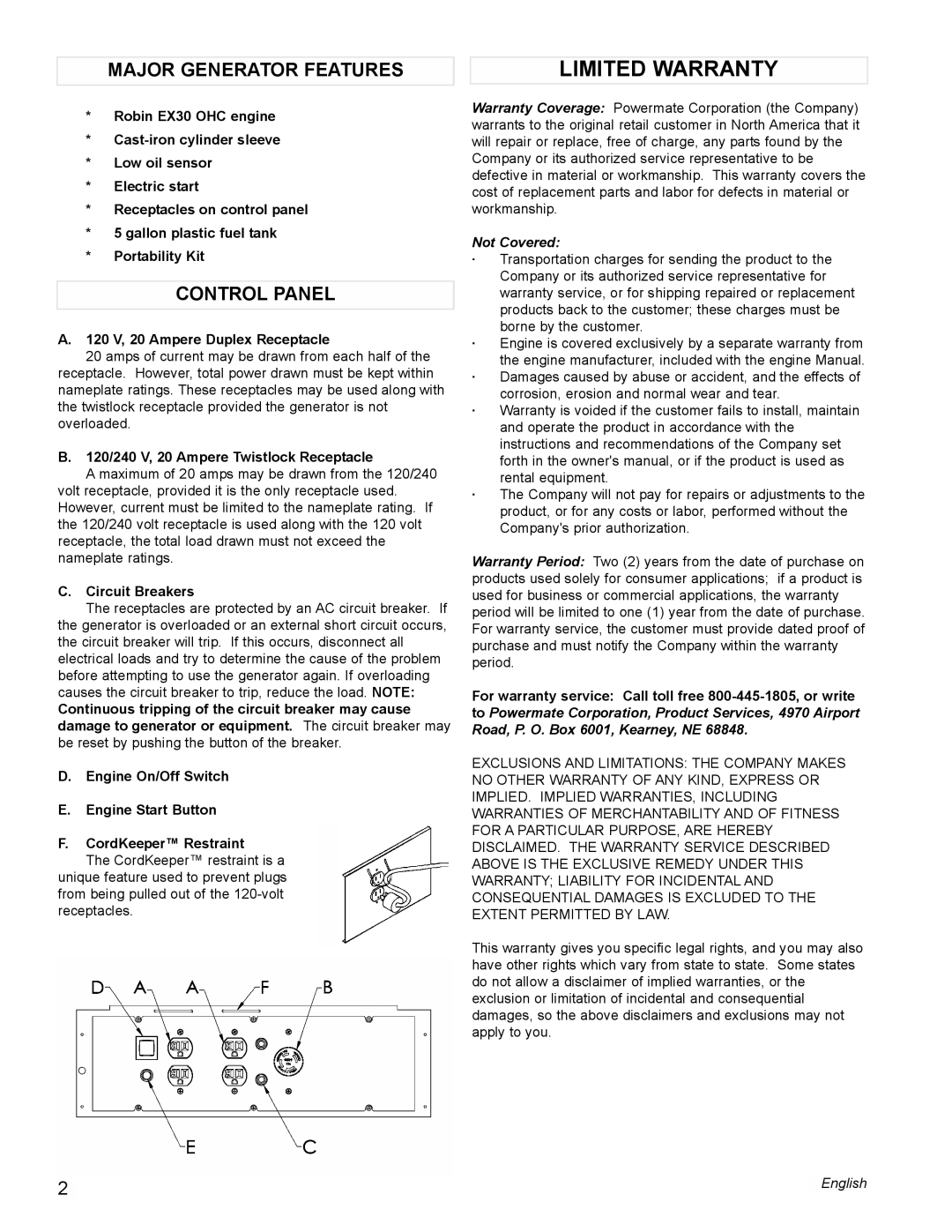 Powermate PM0435004 manual Limited Warranty, Major Generator Features, Control Panel 