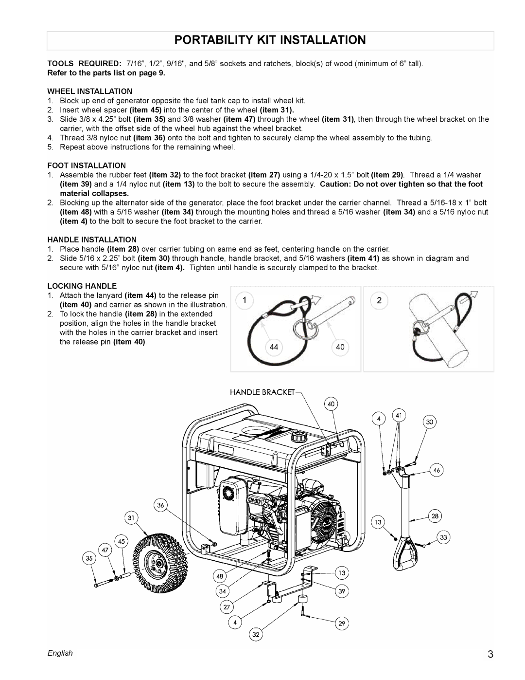 Powermate PM0435004 manual Portability KIT Installation, Wheel Installation, Foot Installation, Handle Installation 