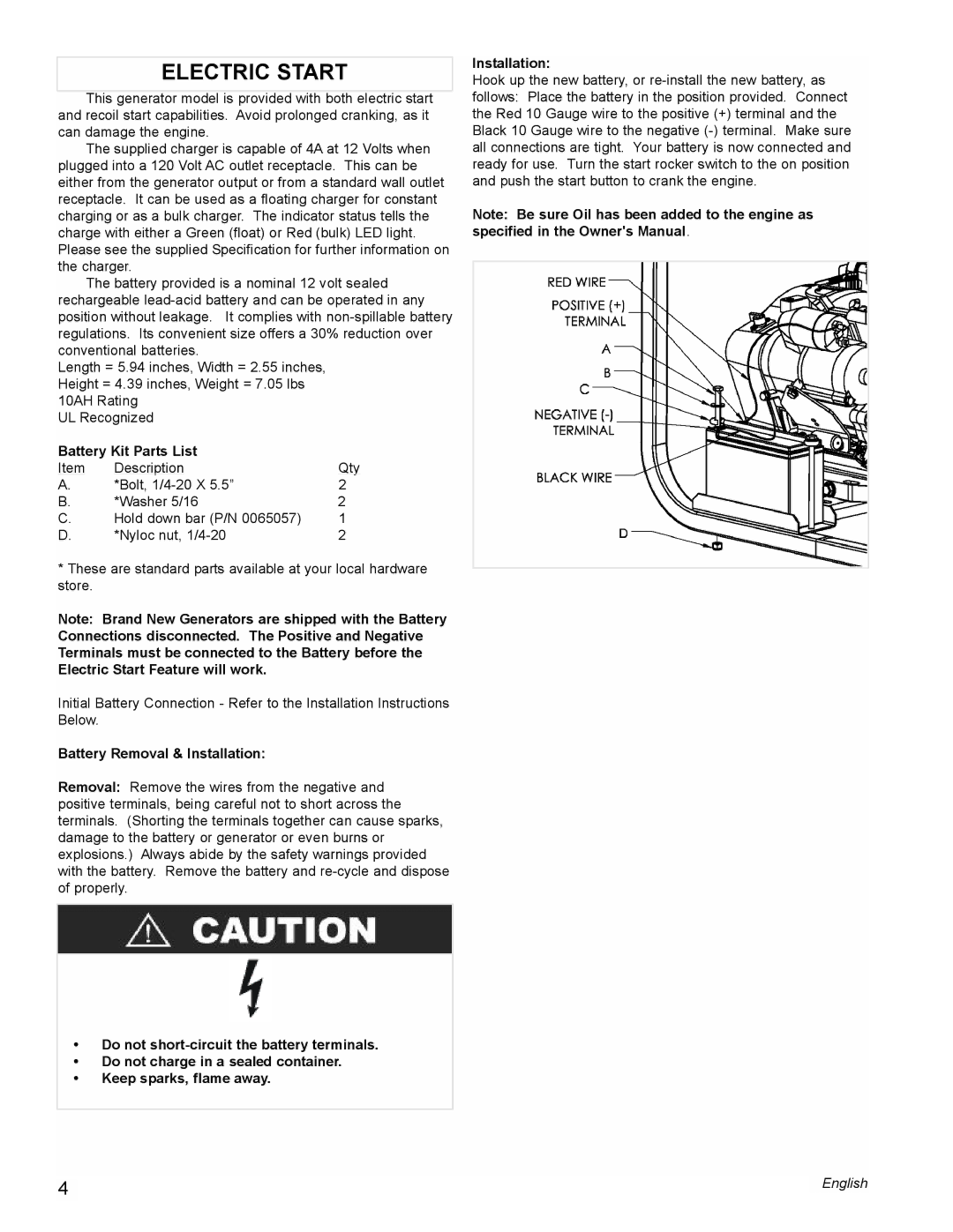 Powermate PM0435004 manual Electric Start, Battery Kit Parts List, Battery Removal & Installation 